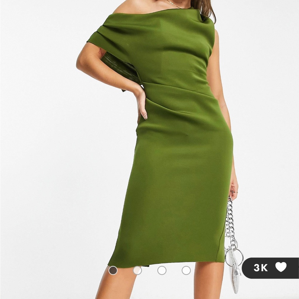 ASOS DESIGN fallen shoulder pleat midi dress in olive